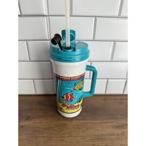 Vintage 90s Dunkin Donuts Tall Whirley Travel Mug Ocean Summer Cartoon Fish 32oz
